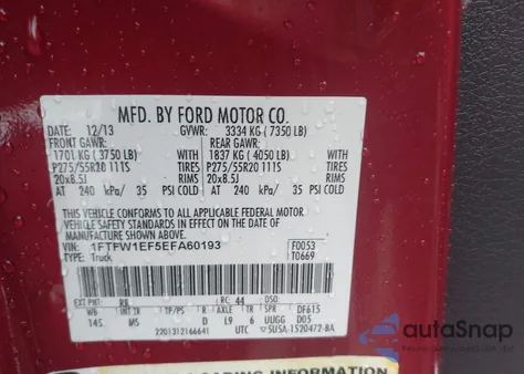 2014 Ford F-150 Xlt z USA, uszkodzony, nr VIN 1FTFW1EF5EFA60193